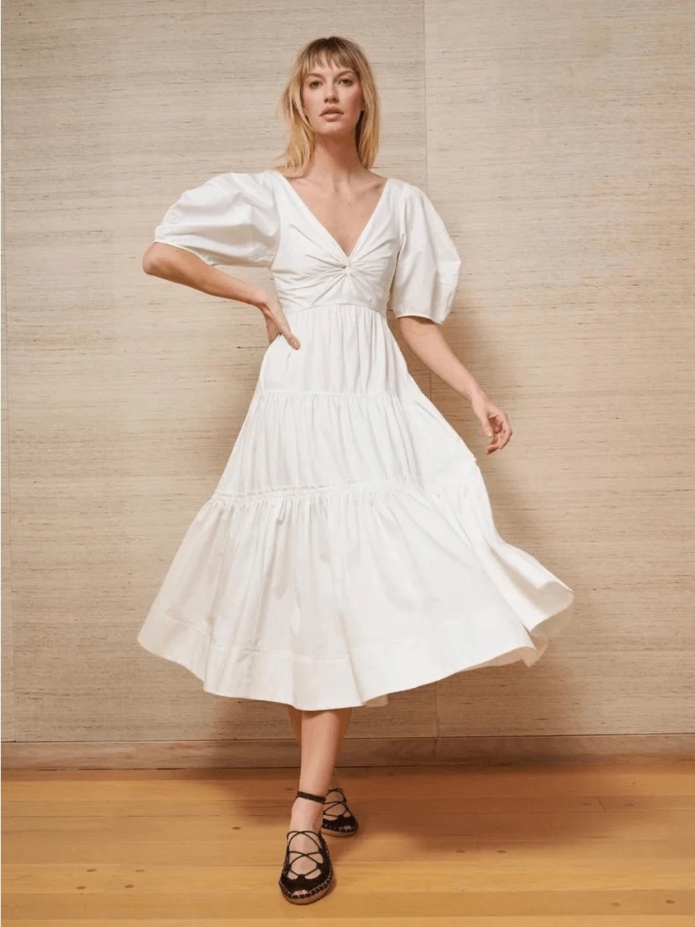 LA LIGNE Sirena Midi Dress White Flared Shirred Made in USA Size Medium